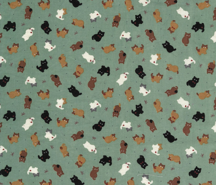 Kokka - Chibi-pri Cats Cotton Sheeting - Green