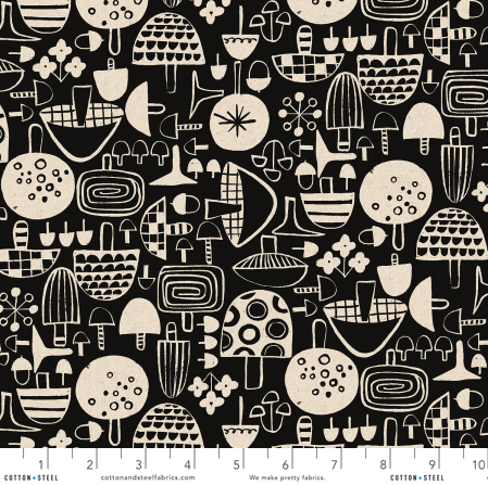 Cotton + Steel - Omatsuri Nakama - Kinoko Ippai - Black Unbleached Canvas